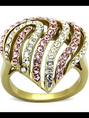 Curvy Heart w/ Light Rose & Clear Top Grade Crystals Gold Ring